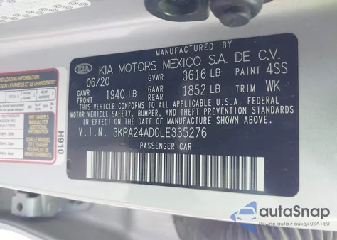 2020 Kia Rio Lx z USA, uszkodzony, nr VIN 3KPA24AD0LE335276